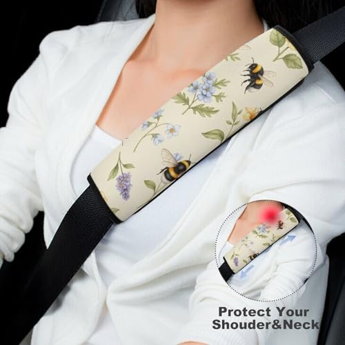 2 Pack Floral Wild Flower Yellow Bee Car Seat Straps Shoulder Pads Universal Soft and Comfortable Seat Belt Cushion for Adults and Children, Stroller Pushchair High Chair - color: Pattern 29