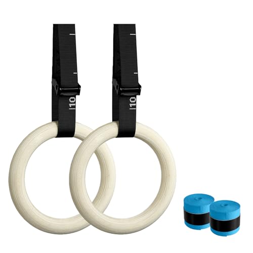 32mm Wooden Gymnastic Rings, Quick Adjust Numbered Straps | solid wood rings, portable design, strength training, calisthenics, home gym & travel workout