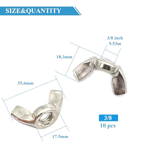 10 Pcs 3/8"-16 Wingnuts 304 Stainless Steel Wing Nuts Fasteners Parts Butterfly Nut, Hand Twist Tighten Hardware Nuts Butterfly Wing-Nut - size: 3/8"-16 - 304 Stainless Steel - 10 Pcs