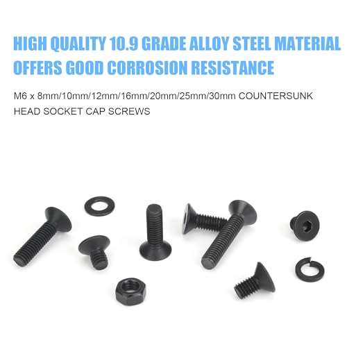 DYWISHKEY 151 Pieces M6 Black Screws, 10.9 Grade Alloy Steel M6x 8/10 /12/16 /20/25 /30mm Countersunk Head Socket Cap Screws Bolts Nuts Washers Assortment Kit - size: M6, style: Countersunk Head Socket Cap
