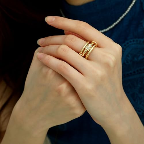 Gold Stackable Rings for Women Non Tarnish, Dainty 14K Gold/Silver Plated Cubic Zirconia Spinelli Ring Chunky Multi Rings Mixed Metals Ring Stack Set Non Tarnish Jewelry - color: Plain-Gold, size: 8