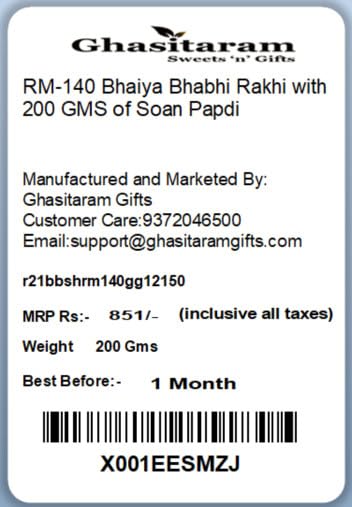 Ghasitaram Gifts Rakhi for Brother Rakhis Online - RM-140 Bhaiya Bhabhi Rakhi with 200 GMS of Soan Papdi