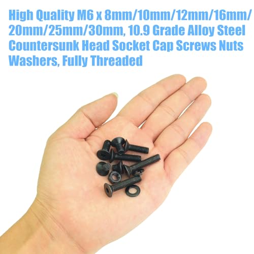DYWISHKEY 151 Pieces M6 Black Screws, 10.9 Grade Alloy Steel M6x 8/10 /12/16 /20/25 /30mm Countersunk Head Socket Cap Screws Bolts Nuts Washers Assortment Kit - size: M6, style: Countersunk Head Socket Cap