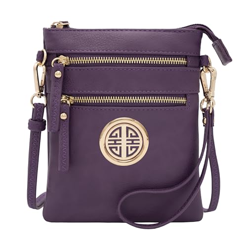 Solene Small Multi Zipper Pockets Crossbody Bag with Detachable Wristlet - color: Purple