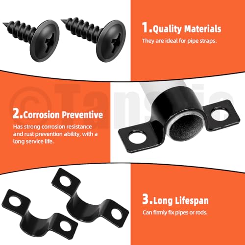 Tanstic 25Pcs Black Two Hole Pipe Strap, 3/16” Two Hole Strap U Bracket Rigid Pipe Strap Pipe Strap Clamp with Phillips Modified Truss Head Wood Screws for Fixing Pipe, Conduit, U Bracket - size: 3/16 Inch