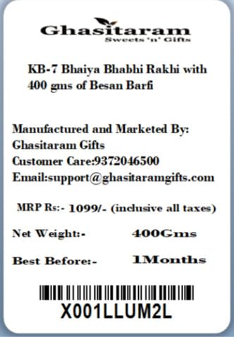 Ghasitaram Gifts Rakhis Online - Rakhi for Brother-KB-7 Bhaiya Bhabhi Rakhi with 400 GMS of Besan Barfi