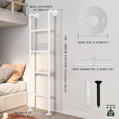 Wall Mounted Metal Step Ladder for Home Loft, White Wrought Iron Basement Window Well Egress Ladder Strong Bunk Bed Climbing Ladders with Kit, 100-300cm(155cm/61in) - size: 155cm/61in