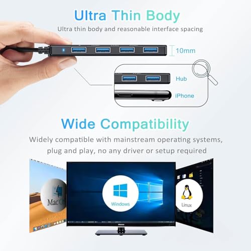 USB 3.0 Hub, 4 Port USB Hub Extender Splitter Ultra Slim USB-A Data Hub-1ft