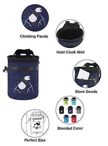 AMC Rock Climbing Panda Embroidered Chalk Bag with Zipper Pocket - color: Denim Blue