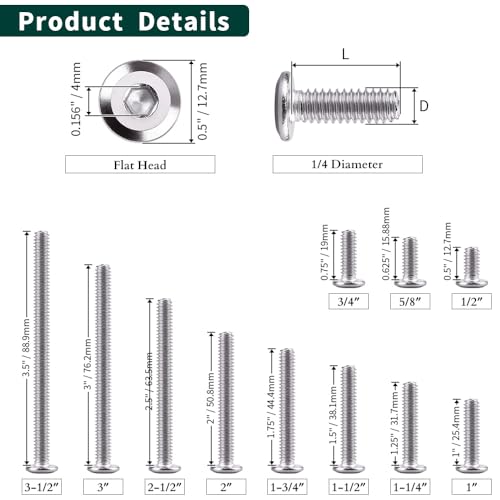 1/4-20 x 3/4" Hex Socket Head Cap Screws, 304 Stainless Steel 18-8, Chamfered Countersunk Machine Screws for Furniture, Binding, Machinery, Automotive, DIY Projects, 25 PCS - size: 1/4-20 x 3/4"