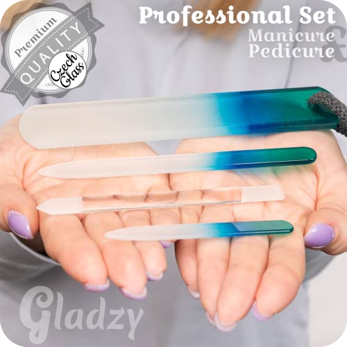 Genuine Czech Glass Nail File Set - Callus Remover Foot Rasp, Cuticle Pusher Manicure Stick, Double Sided Etched Different Grit Surface, Professional Nail Care Tool, Made in EU - color: All-in-one Set- Green Aqua