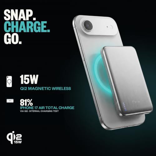 BMX Air Semi-Solid Power Bank, 5000mAh Qi2 (Silver) | World's thinnest semi-solid 5000mAh at 6.8mm; semi-solid-state safety; MagSafe-compatible 15W Qi2; 20W USB-C; titanium shell - color: Silver
