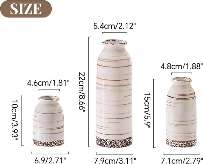 Beige Ceramic Vase Set of 3, Farmhouse Decorative Vase for Pampas Grass, Living Room, Bathroom, Bookshelf, Centerpieces Beige