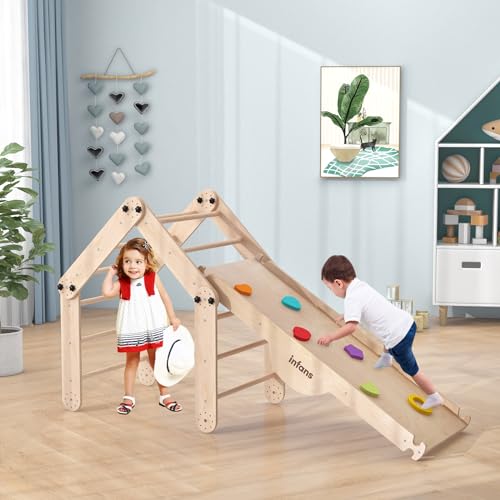 INFANS 12 in 1 Climbing Toys for Toddlers, Upgrade Wooden Montessori Foldable Triangle Climber Set with Reversible Ramp Slide Ladder Seesaw, Indoor Pikler Climb Activity Jungle for Kids Age 3+ - style: 12 in 1