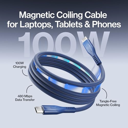 Statik MagStack Pro USB C to USB C Coiling Magnetic Charging Cable,100W | Nylon Braided Tangle-Free Design, Magnetic Coiling, Data Transfer, Compatible with iPhone & Android, 3FT Navy - color: Navy, size: 3ft, style: USB-C to USB-C