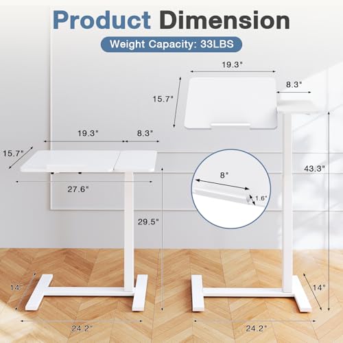 DUMOS Adjustable Bedside Overbed Table with Wheels, White | Laptop Standing Desk with Tilting Top Height, Mobile Rolling Computer Cart for Hospital Home Bedroom Use - color: White, size: 27.4" x 15.7" x 43.3"