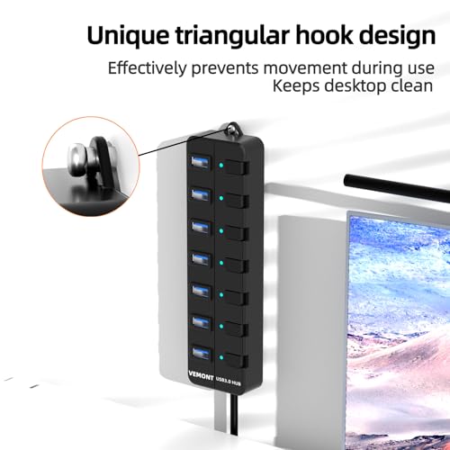 USB hub,7 Port USB 3.0 Hub,VEMONT USB Splitter with Individual On/Off Switches and Lights, 4ft/1.2m USB HUB Long Cable, USB Extension for Laptop and PC Computer