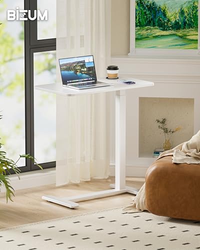 BIZUM Adjustable Bedside Table with Swivel Hidden Wheels Pneumatic Rolling Desk Mobile Standing Desk with Cup Holder for Hospital Home(31.5"x15.8" White) - color: White, size: 31.5"x15.8"