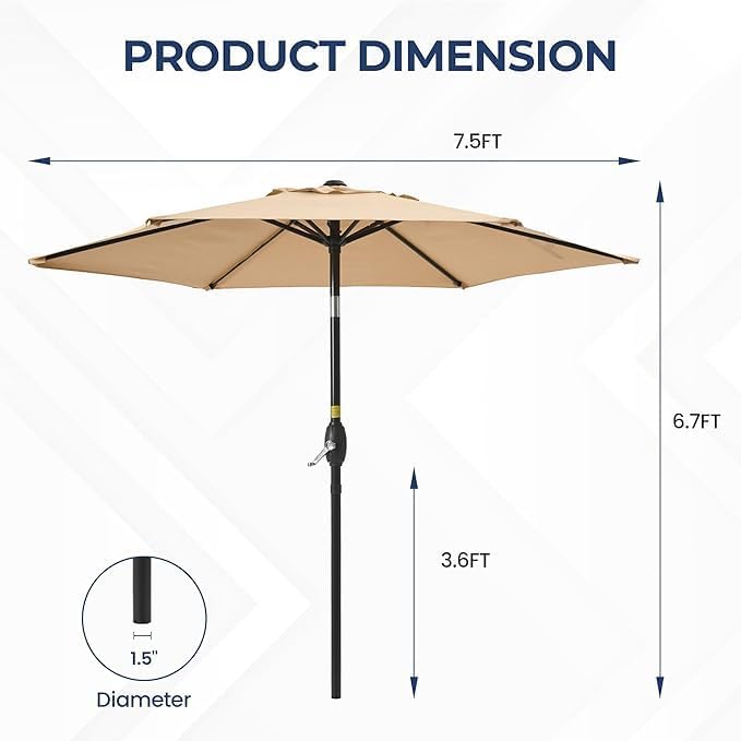 Aok Garden 7.5 ft Patio Umbrella Outdoor Market Umbrella Tilt Button and Crank 6 Ribs for Deck Lawn Pool& Backyard