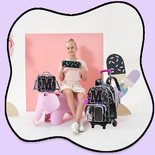 HTgroce Cute Rolling Backpack with Wheel,School Backpack for Kids Girl Roller Schoolbag Wheeled Backpacks Set Carry-on Luggage,Black M - color: Black, style: M
