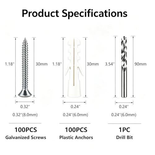 200Pcs Drywall Anchors and Screws Kit, 100Pcs Ribbed Plastic Wall Anchors with 100Pcs 1-1/5" Screws & Drill Bit, Heavy Duty Anchors for Hanging Pictures, Shelves, Home Mounting - size: 1-1/5 inch