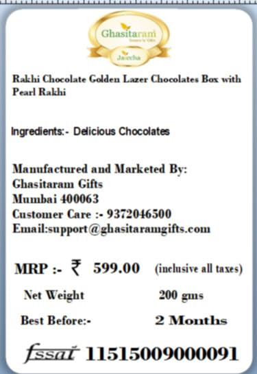 Ghasitaram Gifts Rakhi Gifts for Brothers Rakhi Chocolate Golden Lazer Chocolates Box with Pearl Rakhi