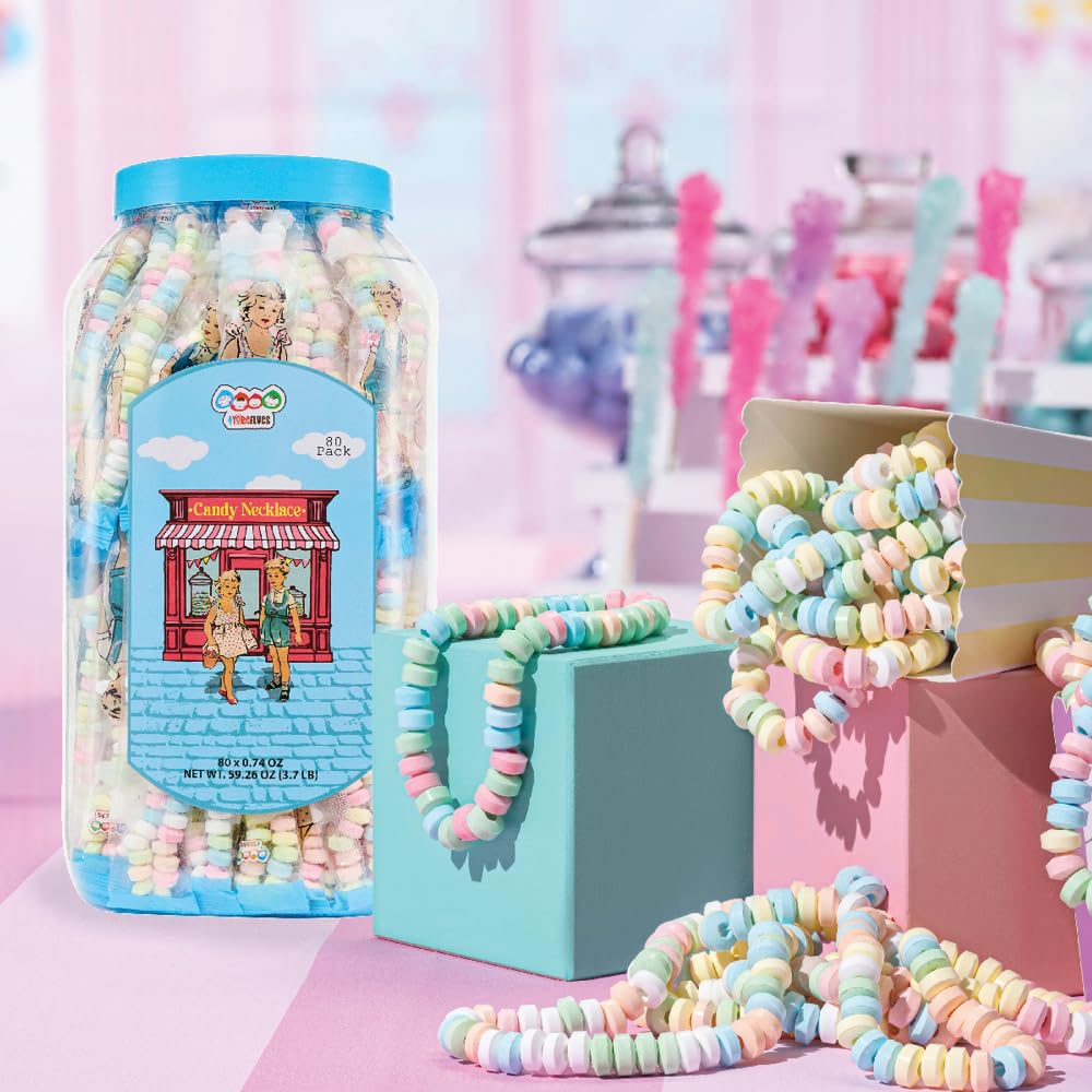 4YoreElves 80 Candy Necklaces – Nostalgic Pastel Candy Jewelry for Party Favors & Goodie Bags