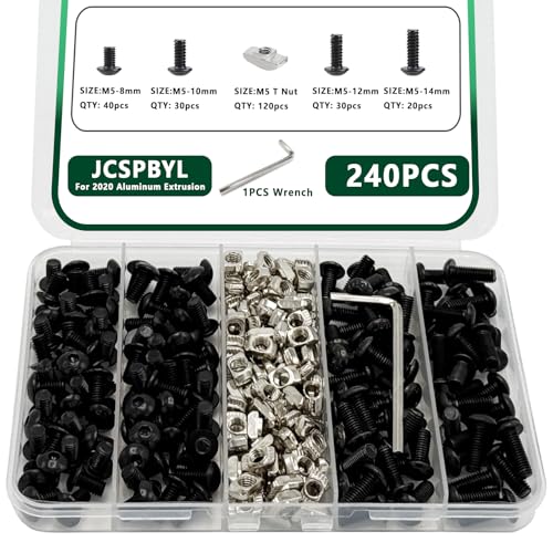 240 pcs M5 T Nut Screws Kit for 2020 2040 2080 Aluminum Extrusion, 120 pcs Black M5x8/10/12/14mm Hexagon Socket Screws and 120 pcs M5 Drop in T-Nuts with 1 pcs Hex Wrench - style: 240pcs 20 Series Screws Kit Black B