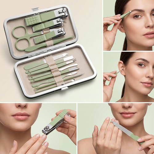 13-Piece Manicure Kit for Women Nail Travel Stainless Steel | Nail Clippers Set Pedicure Grooming With Travel Case Portable With Exquisite Leather for Men Women(Green)