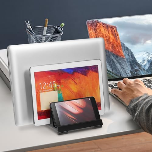 Zerodeko Adjustable Vertical Laptop Stand Dual Slot Desktop Organizer Black Space-Saving Laptop Holder for Office Workspace