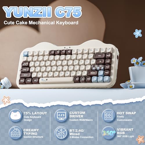 YUNZII C75 Cute 75% Wireless Mechanical Keyboard (Choco, Candy Switch) | Creamy Cake Keyboard, BT5.0/2.4G/USB-C, Hot-Swap, NKRO, PBT MOA Keycaps,5500mAh RGB Gasket Mount for Mac/Win/Gaming/Office - color: Choco, size: Candy Switch