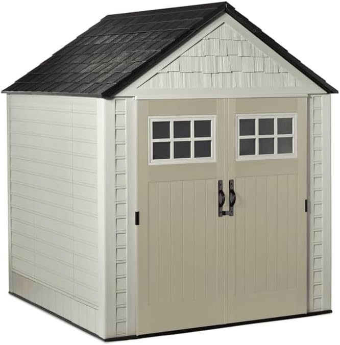 Rubbermaid 7 Foot by 7 Foot Weatherproof Outdoor Storage Shed for Garden Tools and Lawn Machinery Organization with Lockable Double Door Sandstone