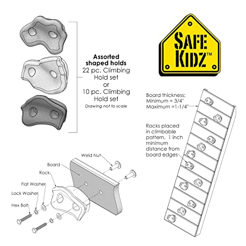 22 Assorted Deluxe Rock Climbing Holds for Kids - Outdoor Climbing Stones Kit with 44 Swing Safe Fasteners + Drill Bit Easy to Install on Lumber from 3/4" to 1.25" Thick - style: 22 Rocks