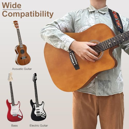 Guitar Strap and Bass Strap, Embroidery Guitar Strap, Adjustable Strap Length, Equipped with 3D Sponge Filled Foam Pad, Comes with 4 Picks + 2 Strap Locks, Best Gift for Guitar Players, Red Flower - color: Red Flower