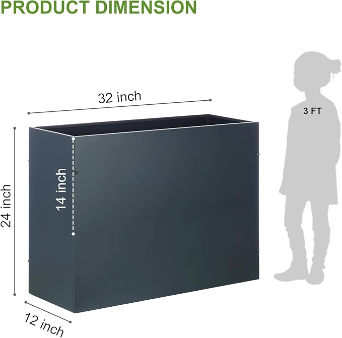 BAYN Metal Rectangular Planter Box Tall Planters for Outdoor Plants Modern Heavy Duty with Drainage Holes for Outside Indoor Patio Deck - Grey, 32”x 12”x 24”