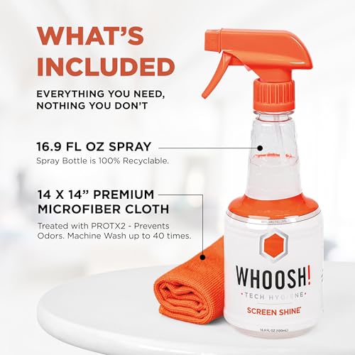 WHOOSH! Screen Shine Pro – Refillable TV Screen Cleaner & Cloth, 16.9 fl oz | Includes 14x14" Microfiber Cloth, For Flat Screens, OLED, LCD, Monitors, Streak Free Finish, Non Toxic & Odorless - size: 16.9 Fl Oz (Pack of 1)