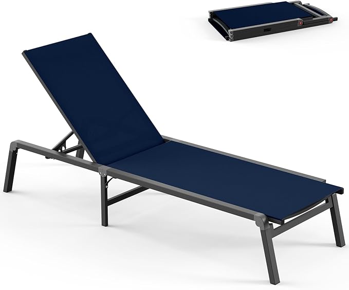 Chaise Lounge Outdoor, Foldable Aluminum Pool Lounge Chairs with 5 Positions Recliner - Free Assembly - Patio Chaise Lounge Chair for Poolside, Beach, Yard (NavyBlue)