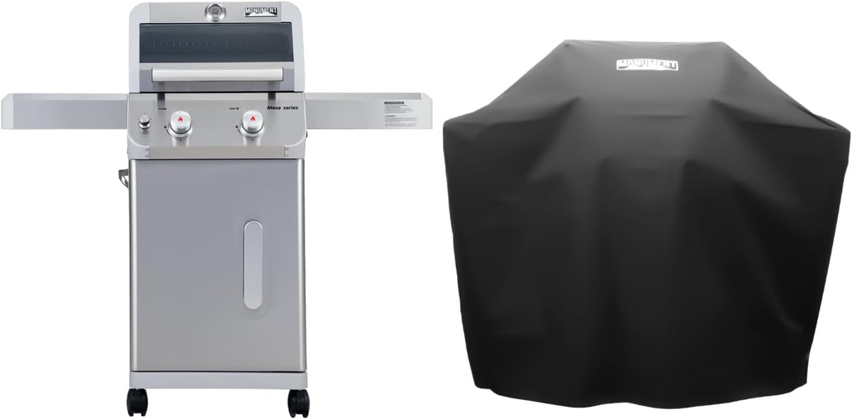 Monument Grills 2-Burner Stainless Steel Liquid Propane Gas Grill, Two Foldable Shelves Patio Garden Barbecue Grill with Clearview® Lid, Knob Control, Mesa200S with BBQ Cover