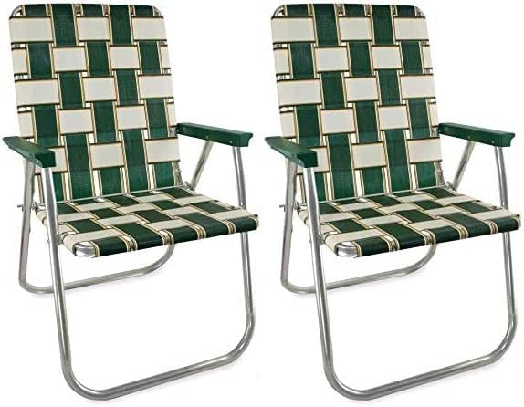 Lawn Chair USA - Outdoor Chairs for Camping. Made with Lightweight Aluminum Frames and UV-Resistant Webbing. Folds for Easy Storage 2- Pack (Charleston with Green Arms, Classic)