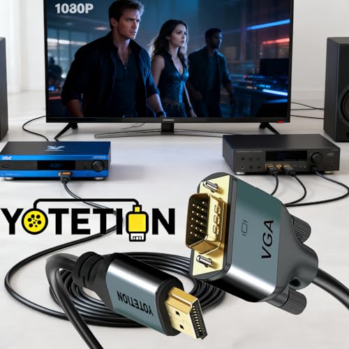 HDMI to VGA 60Ft Cable with IC, Gold-Plated HDMI to VGA Compatible for Computer, Desktop, Laptop, PC, Monitor, Projector,HDTV, Raspberry Pi, Roku, Xbox and More, Green-Gray Aluminum Shell - size: 60FT