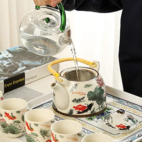 MOZEO 27oz Large Teapot Set Ceramic Tea Maker with Stainless Steel Infuser for Loose Leaf Tea or Bags Tilting Pot Floral Tea Kettle with 6pcs Cups (Lotus)