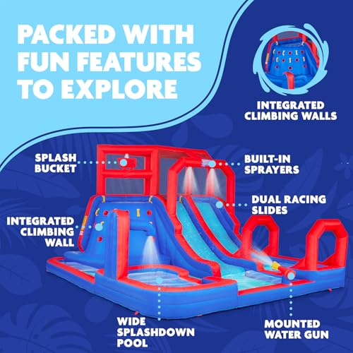 SUNNY & FUN Mega Climb N’ Go Inflatable Water Slide Park with Two Slides | Heavy-Duty Oxford Blow-Up Water Park for Kids Backyard with Deep Splash Pool, Air Blower & Carry Bag | Easy Setup & Drainage