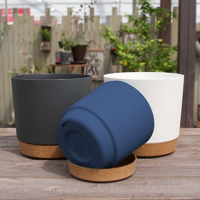 ZMTECH Plant Pots, Set of 3 8'' Self Watering Plastic Planter with Drainage Hole and Saucer, Modern Decorative Flower Pot for Indoor Outdoor House Plants, Succulents, Flowers - Blue