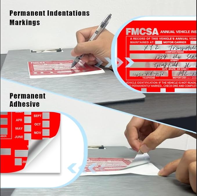 Goldenfox DOT Inspection Forms and Stickers,10-Pack,3-Ply Carbonless Annual Vehicle Inspection Report Form(8.5" x 11.75) with Red Exterior Aluminum Inspection Label(6"x3.5"), Permanent Adhesive.