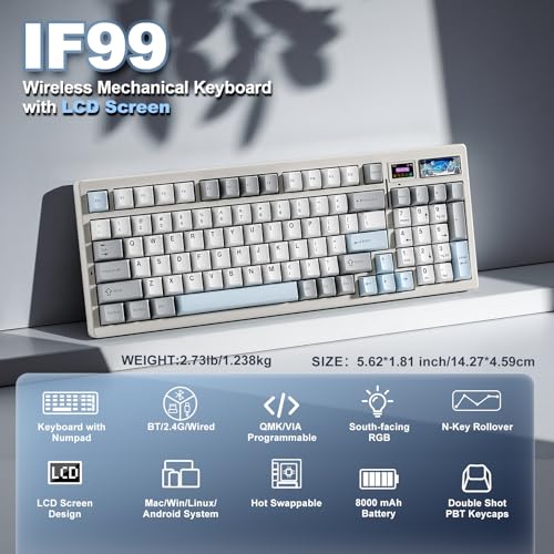 YUNZII IF99 96% Wireless Mechanical Keyboard (White, Cocoa V2) | QMK/VIA Keyboard with LCD Display,Custom Magnetic Badge,8000mAh Battery,Hot Swap Gasket,RGB,for Gaming/Mac/Win - color: White, size: Cocoa Cream V2 Switch