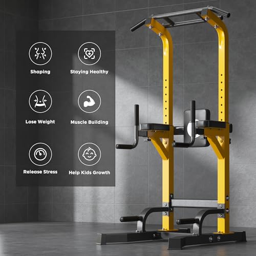 DlandHome Power Tower Pull Up Bar Station, 10 Level Adjustable Height | Heavy Duty Pull Up Dip Station for Home Gym Strength Training Equipment, Comfortable Backrest, 330LBS Weight Capacity - color: Yellow