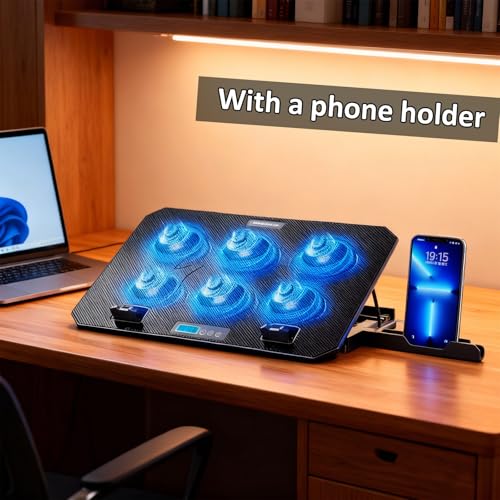 Laptop Cooling Pad 6 Quiet Fan for Laptop Gaming Fan Pad 5 Height Adjustable 2 USB Port Phone Holder Lightweight Stand - color: LCD model