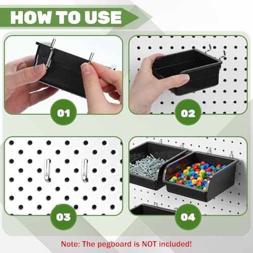 12 Pack Black Pegboard Bins with Metal Hooks, Heavy Duty Slatwall Bins Plastic Storage Organizer Pegboard Tools Organizer for Garage Workshop Craft Room Hardware Tools