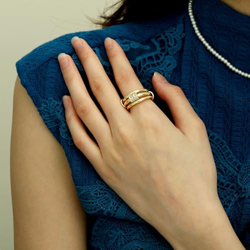 Gold Stackable Rings for Women Non Tarnish, Dainty 14K Gold/Silver Plated Cubic Zirconia Spinelli Ring Chunky Multi Rings Mixed Metals Ring Stack Set Non Tarnish Jewelry - color: Plain-Gold, size: 8