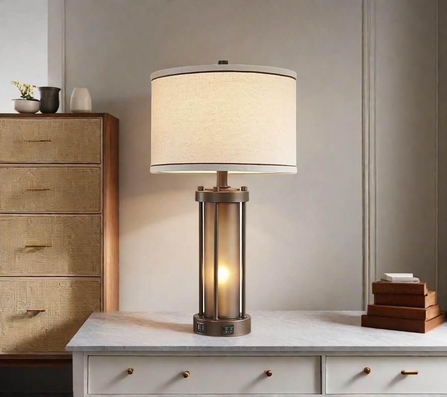 RORIA Farmhouse Table Lamps for Living Room with USB C+A Ports